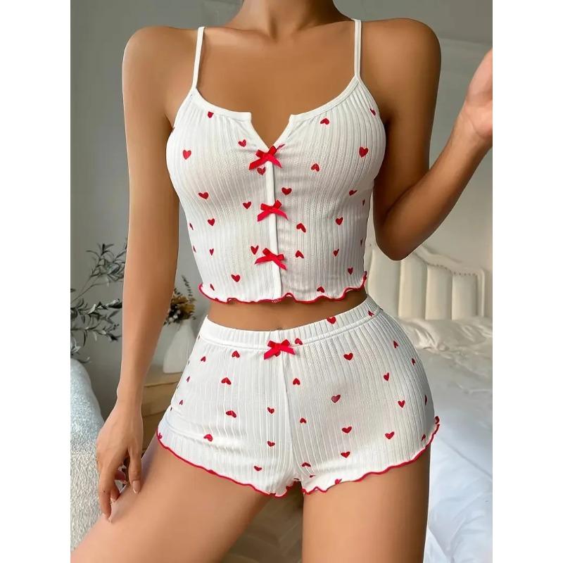 Sleepwear Women Pajamas Set Heart Print Soft Ribbed Fabric with Flirty Frill Trim Casual Cami Top and Shorts Sets Loungewear