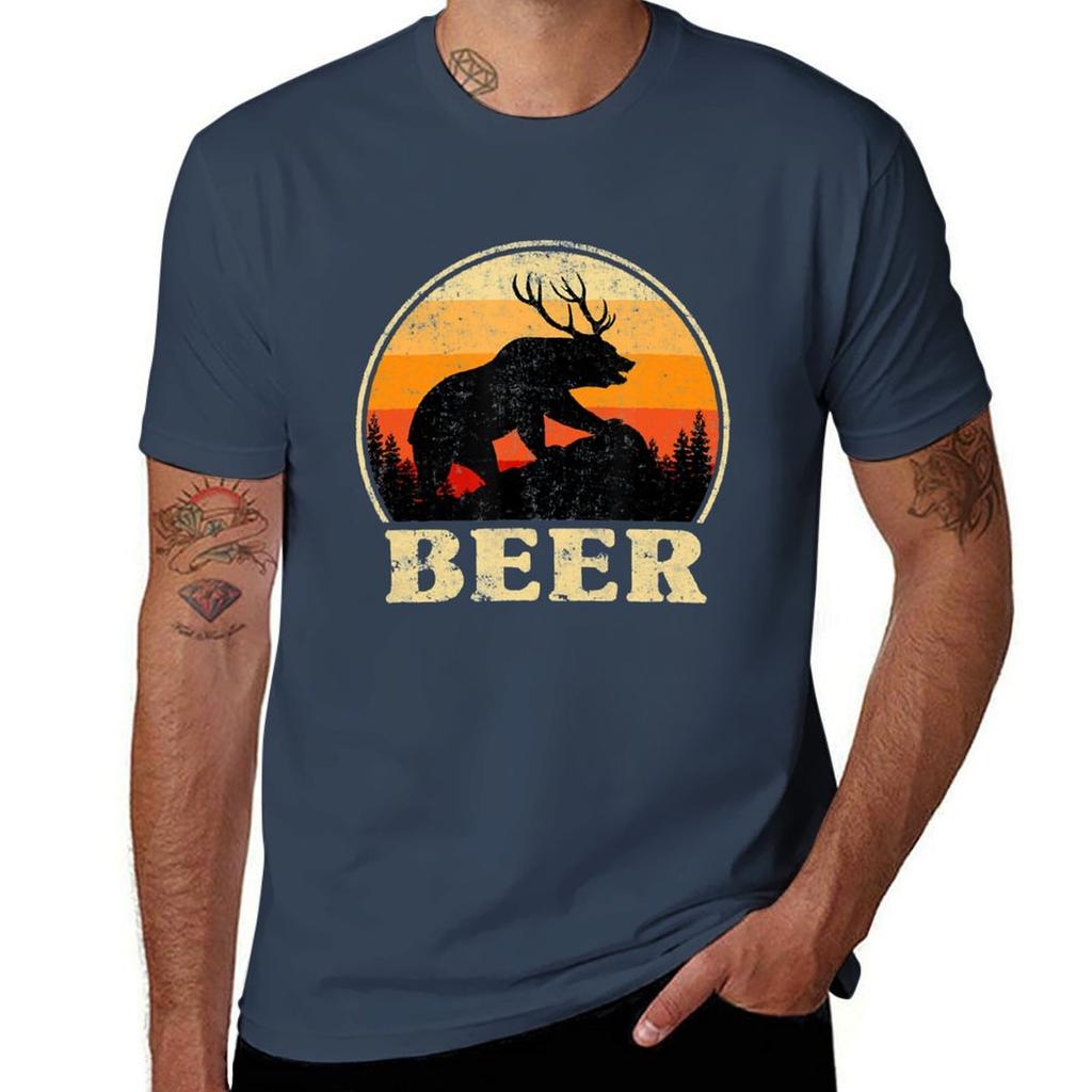 Bear Deer Funny Beer Retro Vintaget Patricks Day Tshirt Active Sports Short Sleeve Cotton Shirt Tshirt