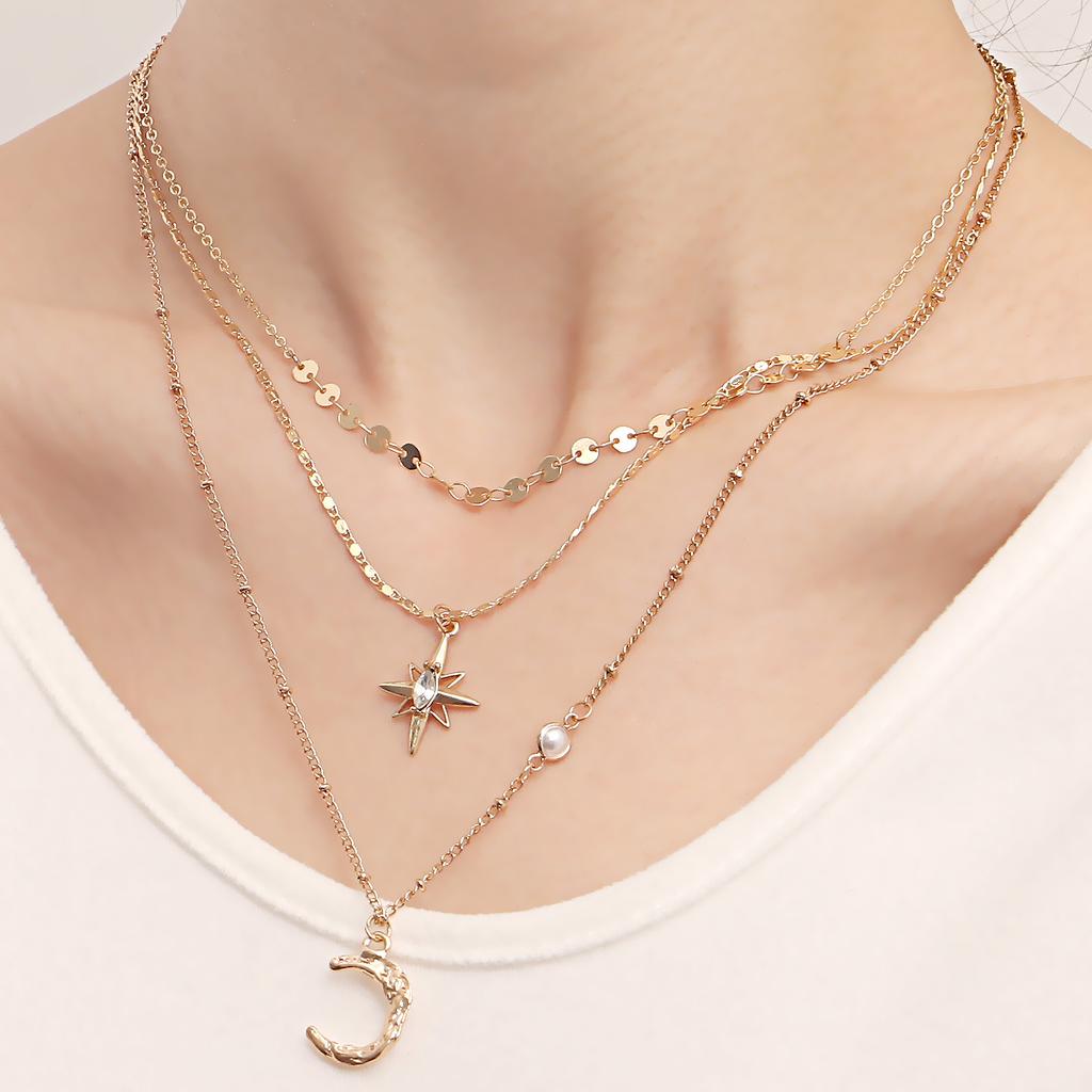 European and American accessories, simple and versatile Tianmang star moon necklace, trendy fringed pieces, multi-layer stacked neck chains