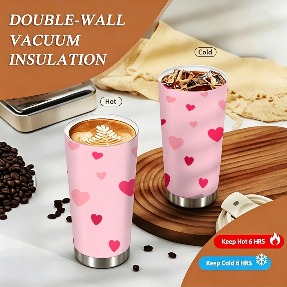 Cute Pink Heart Print Stainless Steel Insulated Coffee Tumbler Vacuum Sealed Travel Mug Leakproof Thermal Cup for Gift Daily Use