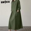 Women Casual Cotton Long Dress O-Neck 3/4 Sleeves Casual Dresses