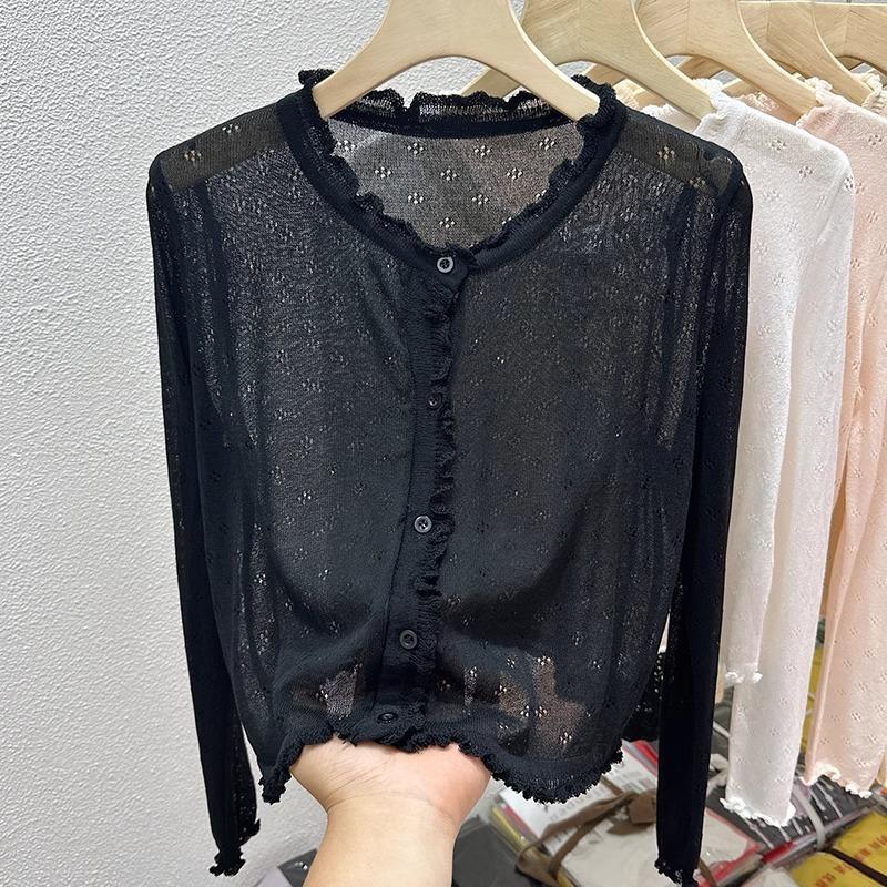 Сладкий ветер полый тонкий вязаный кардиган женский летний уличный солнцезащитный топ уменьшающий возраст грибной край рубашка для кондиционирования воздуха