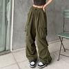 Women Cargo Pants Hip Hop Baggy Solid Color Multi Pockets Elastic Waist Match Top Loose Breathable Lady Trousers