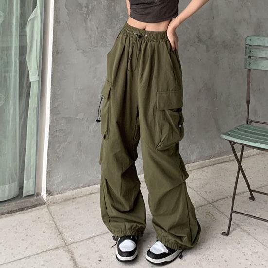 Women Cargo Pants Hip Hop Baggy Solid Color Multi Pockets Elastic Waist Match Top Loose Breathable Lady Trousers