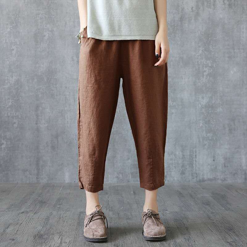 Women Plus Size Harem Cropped Pants Elastic Waist Cotton Linen Blend Loose Casual Summer Tapered Trousers