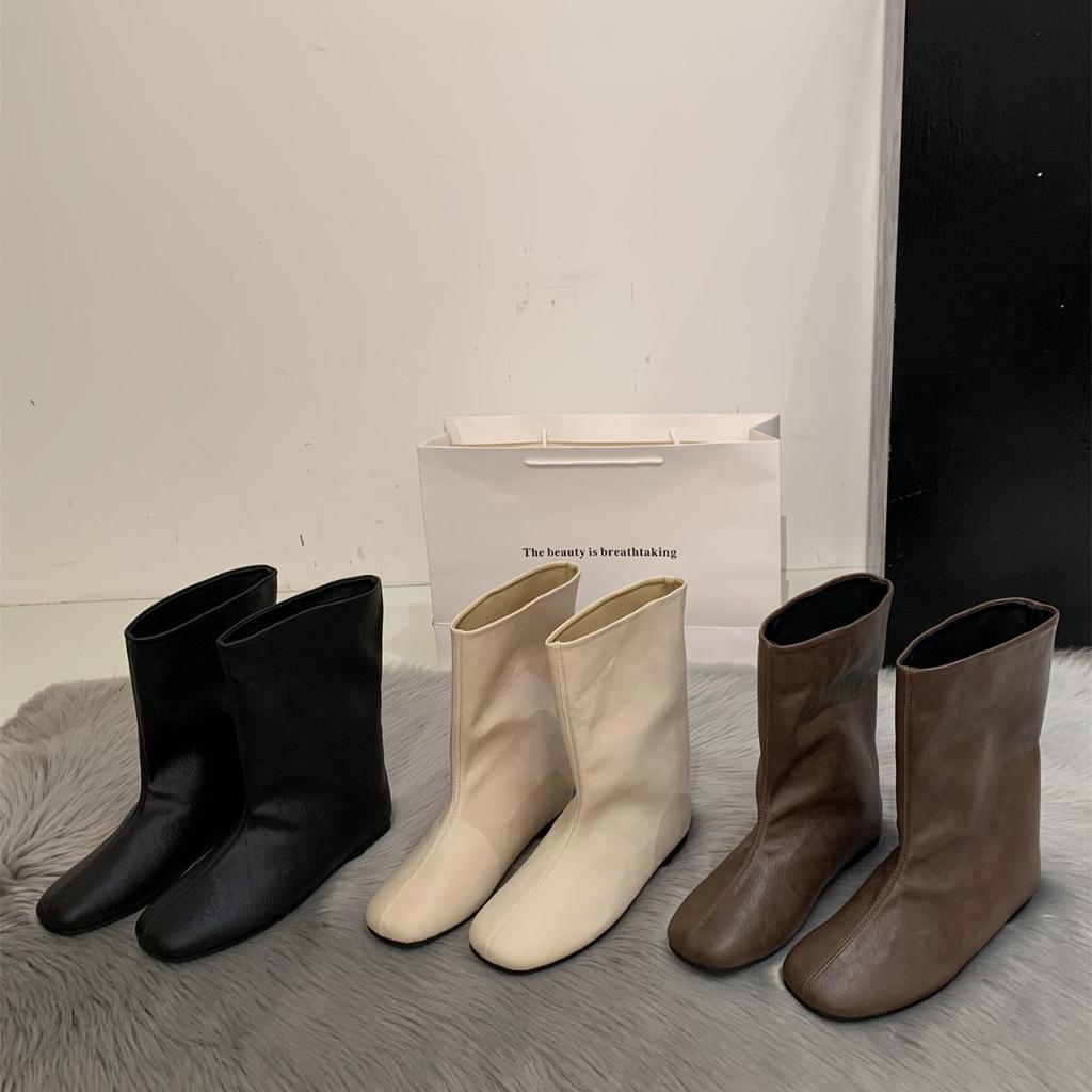 French minimalist sleeve round head high boots new flat bottom square head loose knight boots women's knee boots