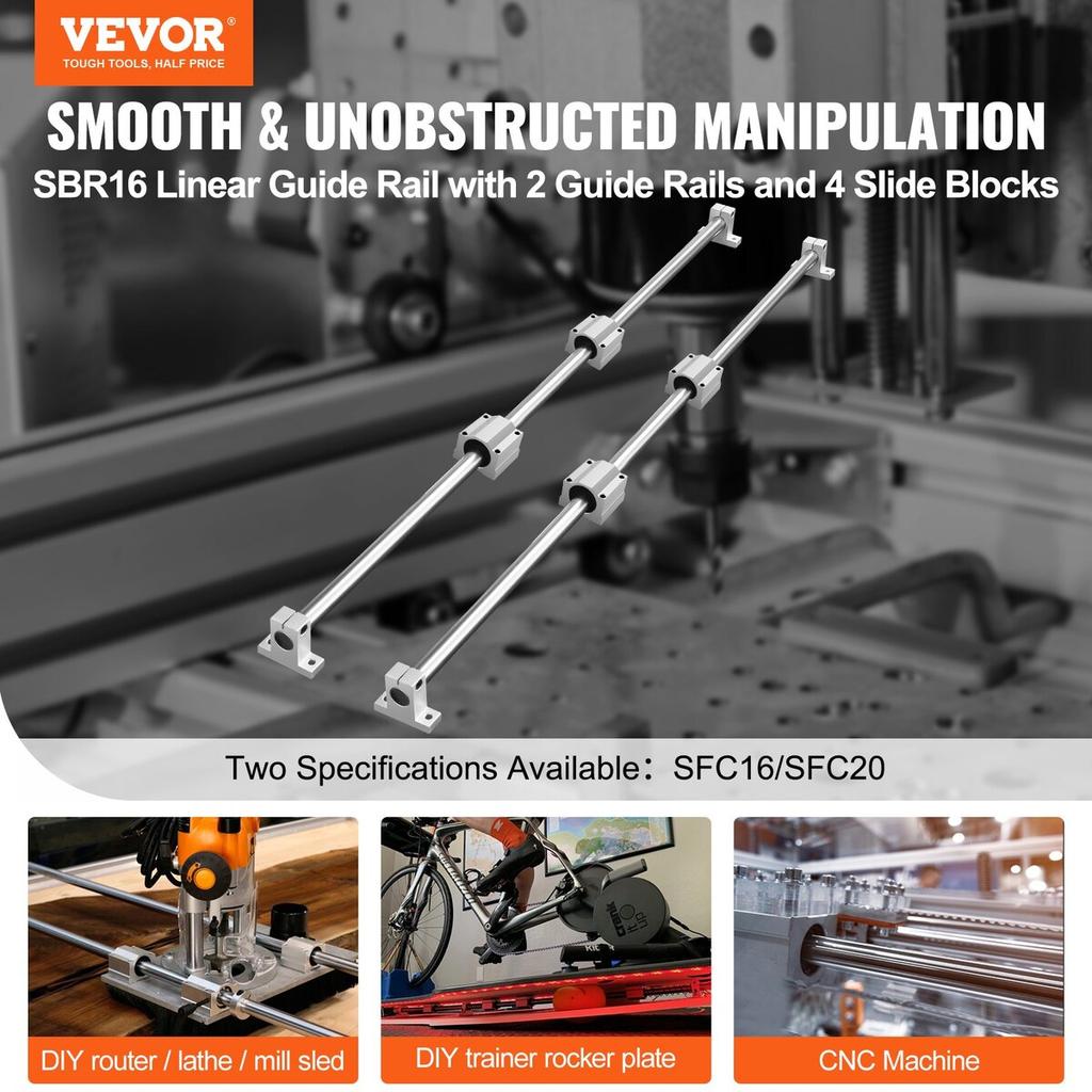 Linear Guide Rail Set, SFC16 1000mm, 2 PCS 39.4 in/1000 mm SFC16 Guide Rails 4 PCS SC16 Slide Blocks 4 PCS Rail Supports, Linear Rails and Bearings