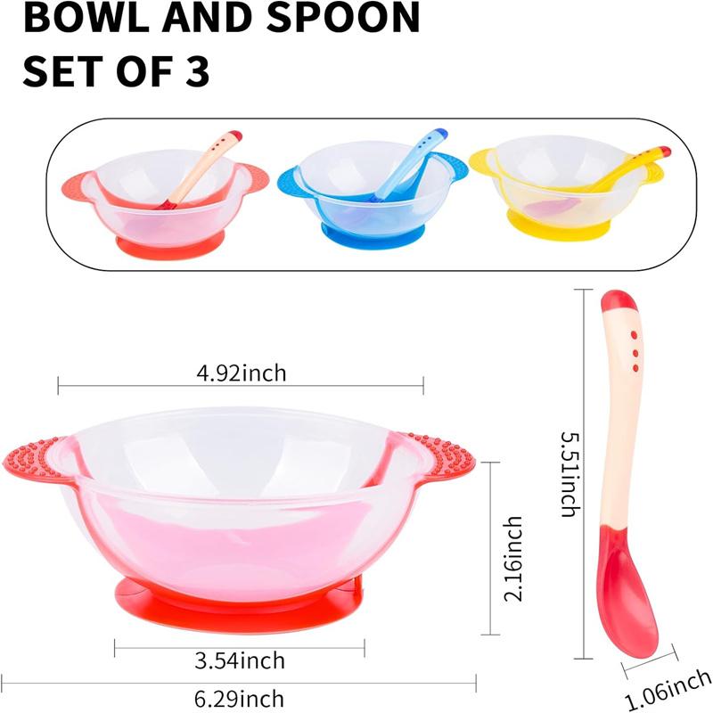 Детские миски с присоской, крышкой с защитой от проливания, ложкой с датчиком температуры, чашей бинаурального дизайна (Пакет из 3)