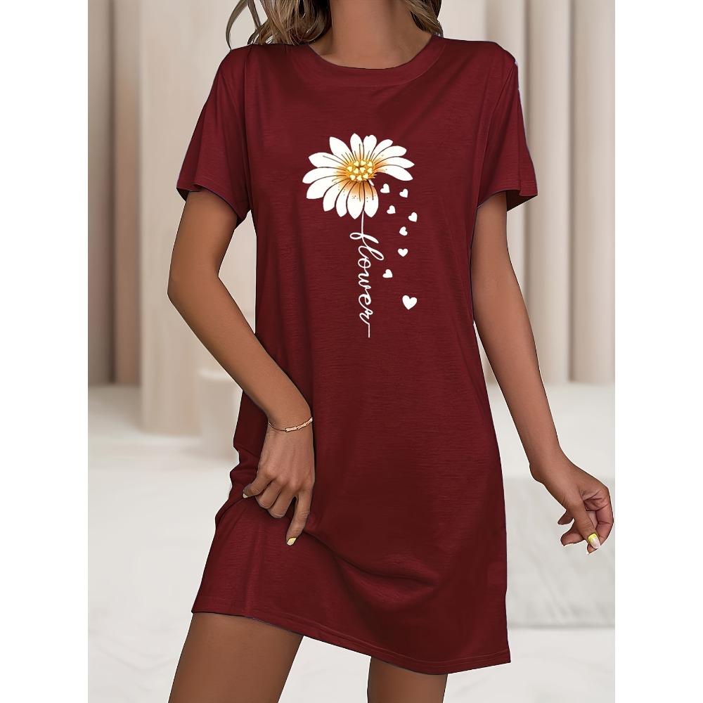 Women's Taupe Daisy Print Nightdress with Round Neck, Short Sleeves, Loose r