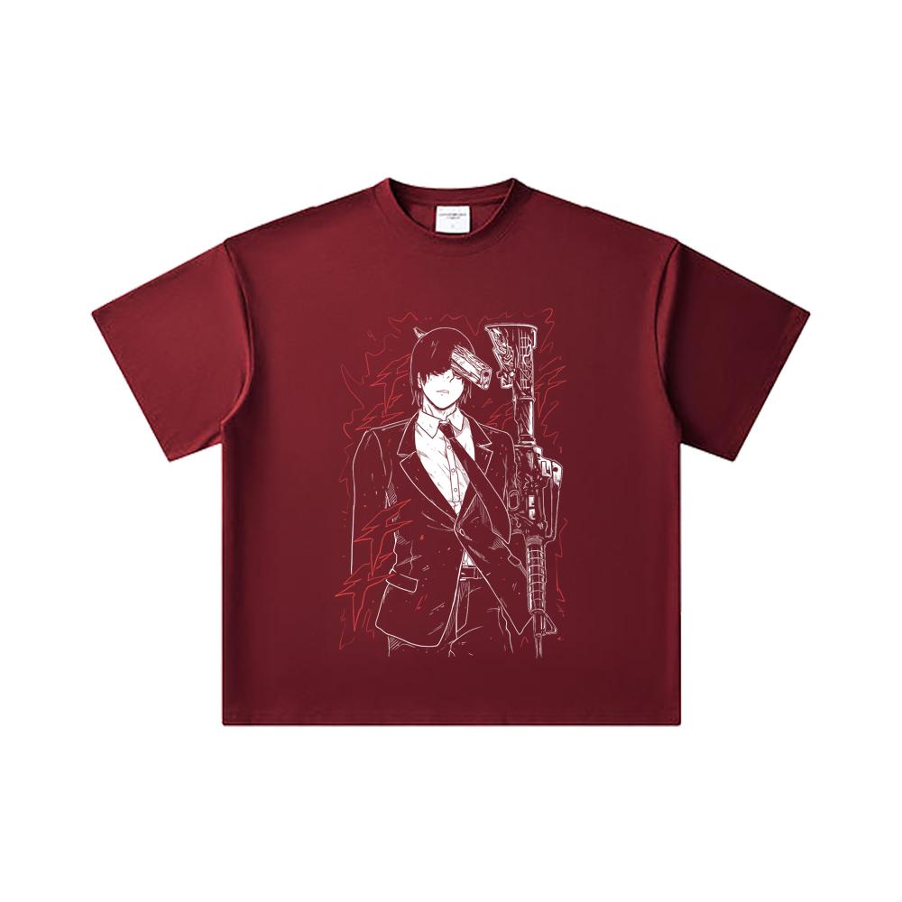 260 GSM Double Yarn 32 Count 100% Cotton Chainsaw Man V30 Gun Devil Print Unisex Heavy Cotton T Shirt