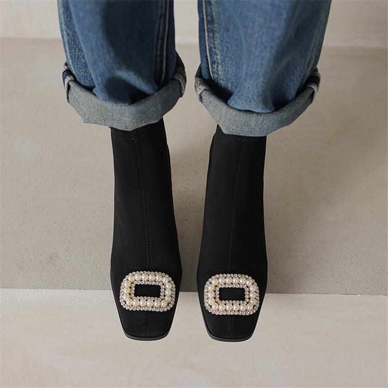 Модные новые осенне-зимние женские ботинки из искусственной кожи, короткие ботинки, модные жемчужные, с квадратным носком, эластичные ботинки для женщин, на высоком каблуке, женская обувь