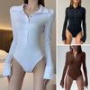 Lady Summer Playsuit Turn-down Collar Long Sleeves Solid Color Slim Fit Stretchy Button Closure Casual Daily Wear Commuting Women Bodysuit