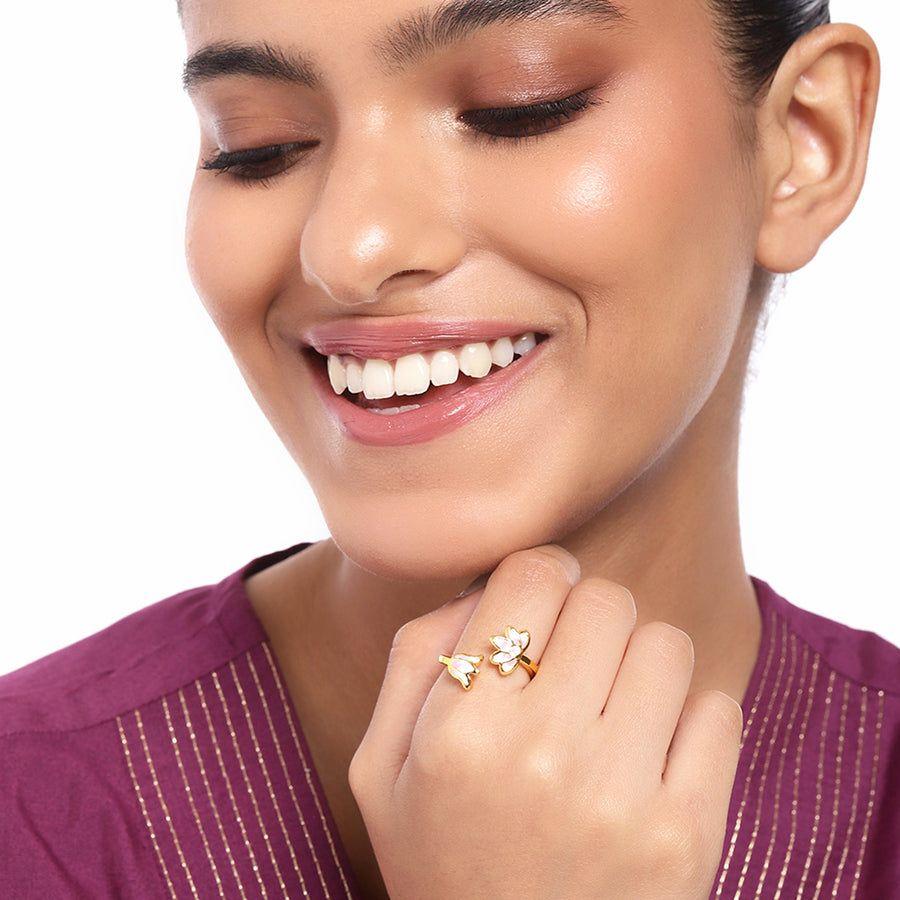 Позолоченное дизайнерское регулируемое кольцо на палец Estele Lotus с розовой эмалью для девочек и женщин