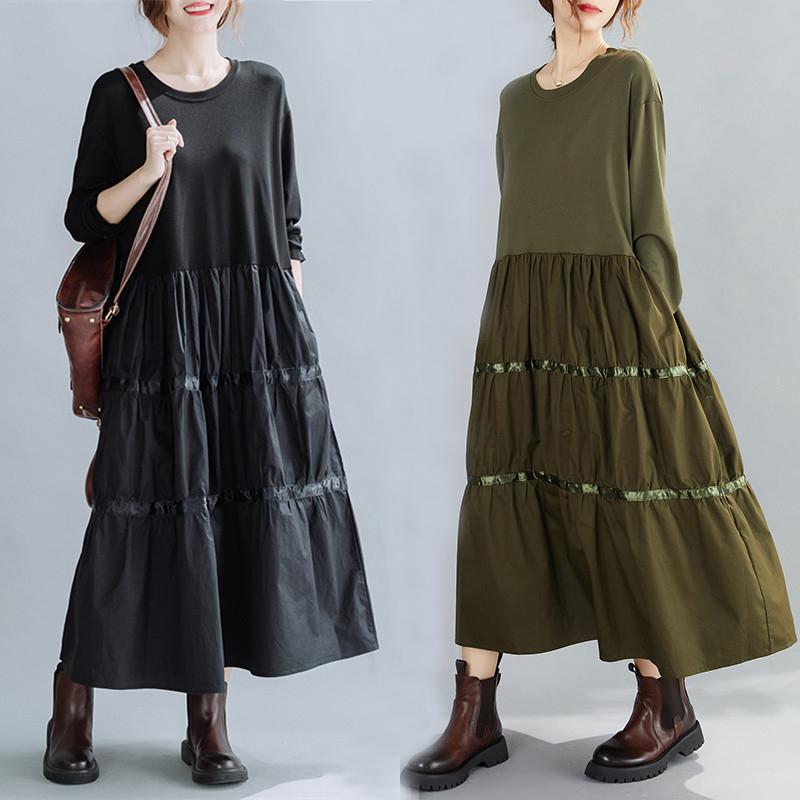 DIMANAF 2025 Весеннее Полосатое Платье Женское Повседневное Винтажное Длинное Платье Свободный Принт Макси Базовое Зеленое Черное Платье