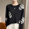 Women's French Style Round Neck Jacquard Wool Sweater - Loose Autumn/Winter Knit Pullover