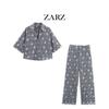 Womens Embroidered Linen-Blend Casual Set: Short Sleeve Shirt Wide-Leg Pants Vintage Chic Outfit
