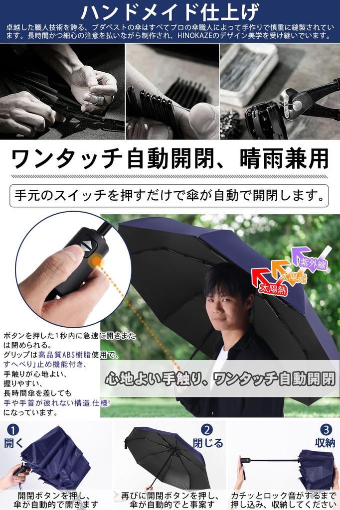 HINOKAZE Складной Автоматический Супер Подходящий для Солнца и Автоматический для Мужчин и Портативный Зонт, Открытие/Закрытие в Одно Касание, Мужской [Водоотталкивающий 310T,