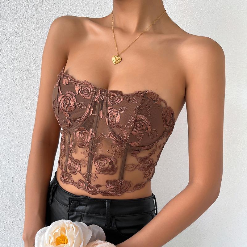 Women S Black Floral Applique Slim Fit Strapless Corset Bustier Top