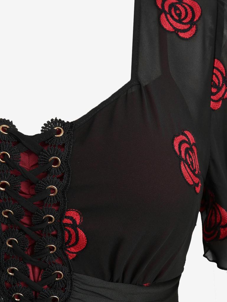 Rosegal Plus Size Rose Flower Вышитый сетчатый люверсы шнуровка асимметричный 2 в 1 Топ