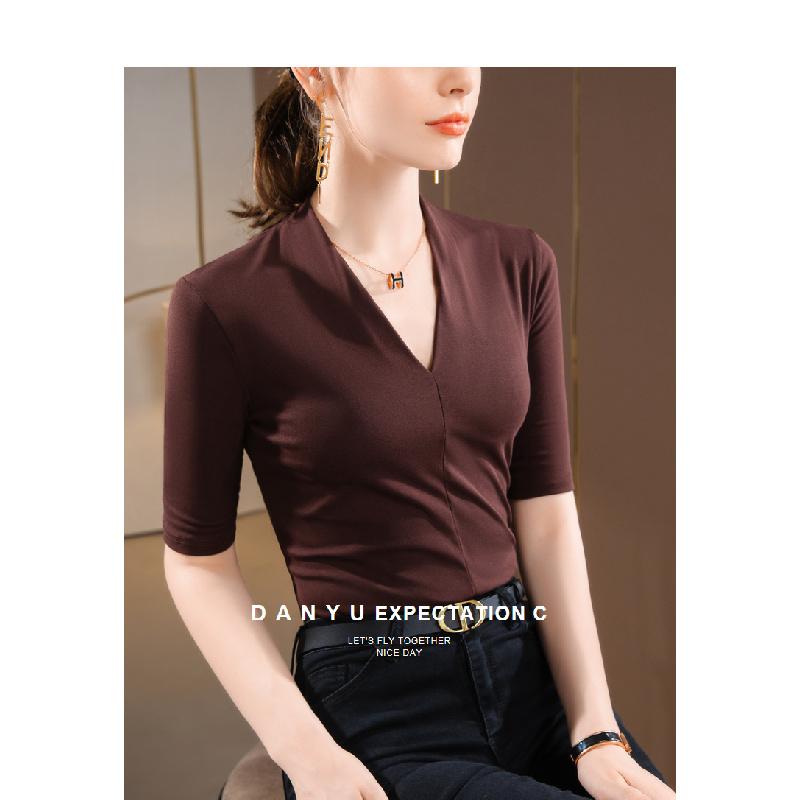 New mid-sleeve women's t-shirt 2026, elegant V-neck inner layer, stretchy base shirt, slim-fit waist top