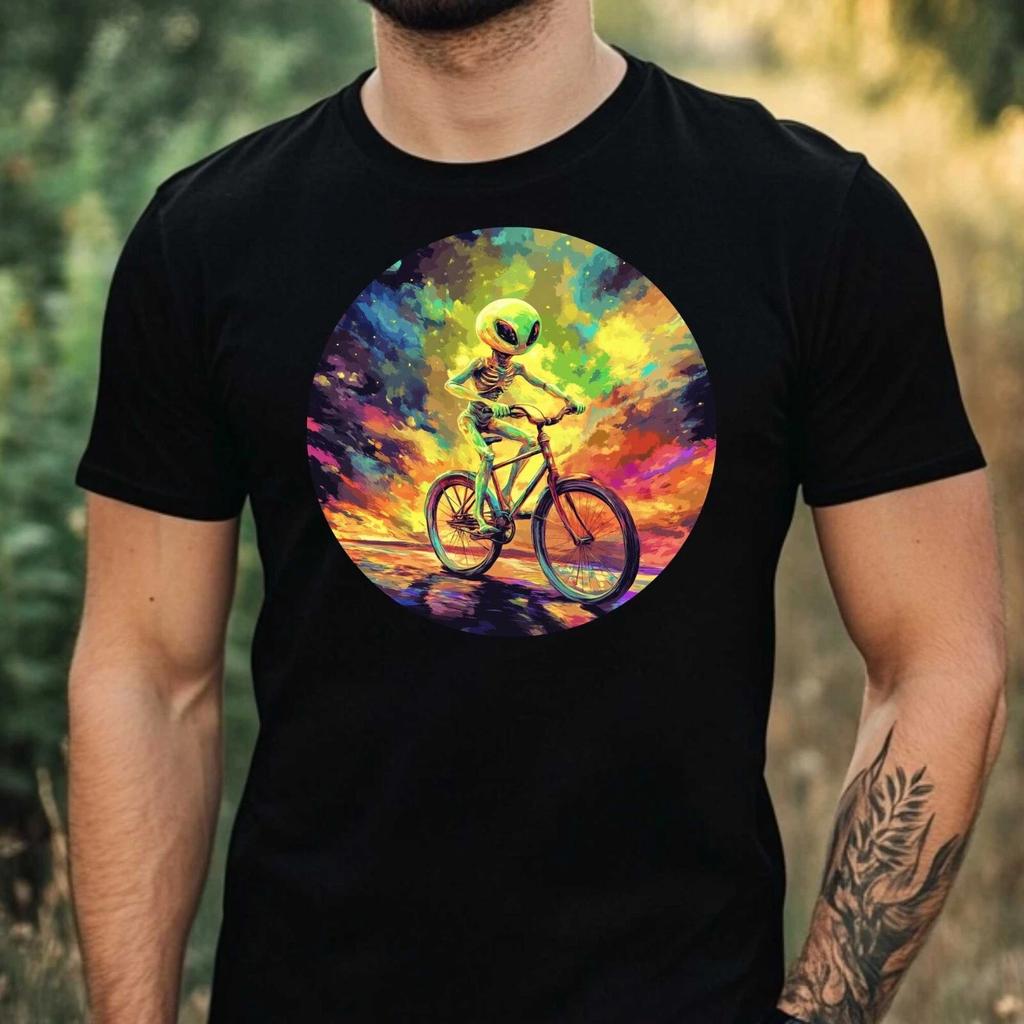 T-Shirt Herren Alien auf den Fahrrad Motiv Baumwolle Größe XS bis 5XL