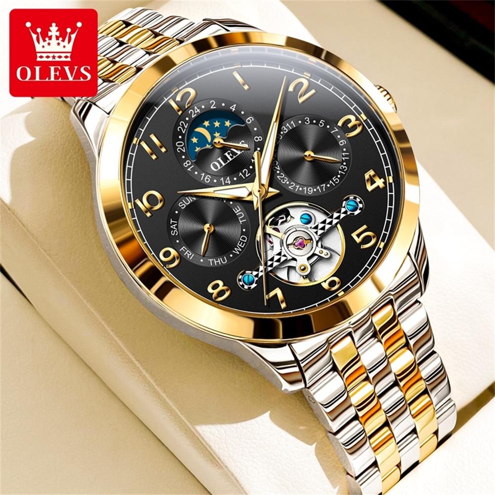 OLEVS Men's Watches Luxury Fashion Fine Steel Original Automatic Mechanical Wristwatch Waterproof Luminous Moon Phase Calendar