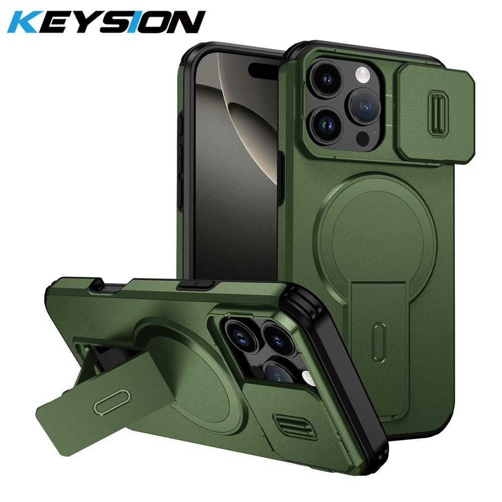 KEYSION Противоударный магнитный чехол для iPhone 16 Pro 16 Pro Max со сдвижной защитой камеры, подставкой и поддержкой беспроводной зарядки, задняя крышка для телефона