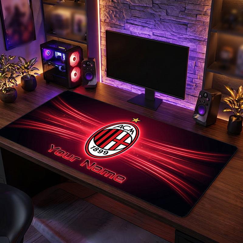 AC Milan Custom Large Mouse Pad, Personalized Name Text Print, Football Logo Non‑Slip Desk Mat Gaming Gift