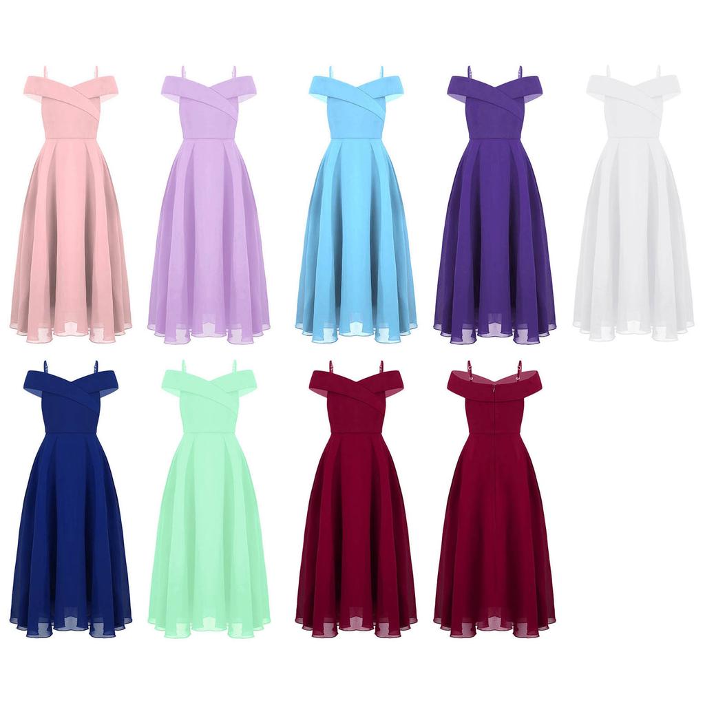 Kids Girls Elegant Chiffon Party Dress Off Shoulder Adjustable Strap Floor Length Evening Gown