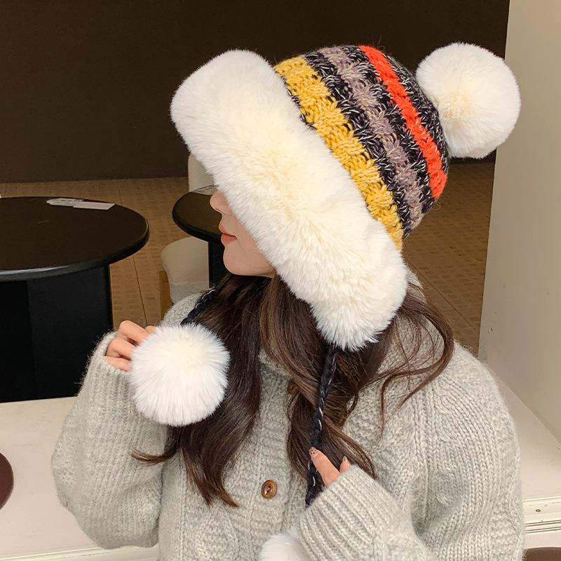 Women's Autumn and Winter Wool Knitted Hat Plush Thickened Warm Windproof Hat Cold Ear Protection Hat for Casual & Formal Outfits, Cold Weather Gear