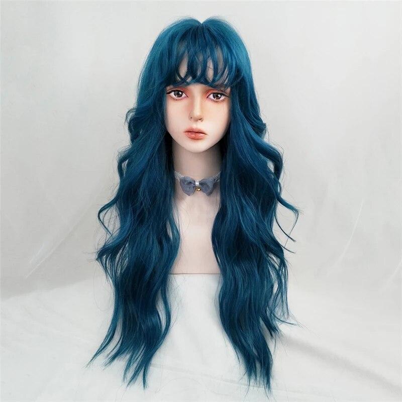 Long Wavy Blue Synthetic Wig with Bangs Lolita Wigs for Women Daily Party Cosplay Hair Heat Resistant Fiber Fashion Fake
