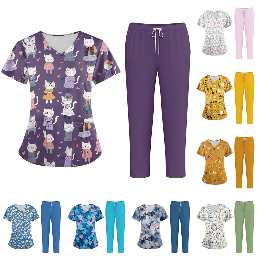 Плюс размерСкраб с принтом Рабочая форма Топы для женщин Крест V-образным вырезом Хэллоуин Принт с короткими рукавами Забавные футболки Спецодежда Футболка с карманами