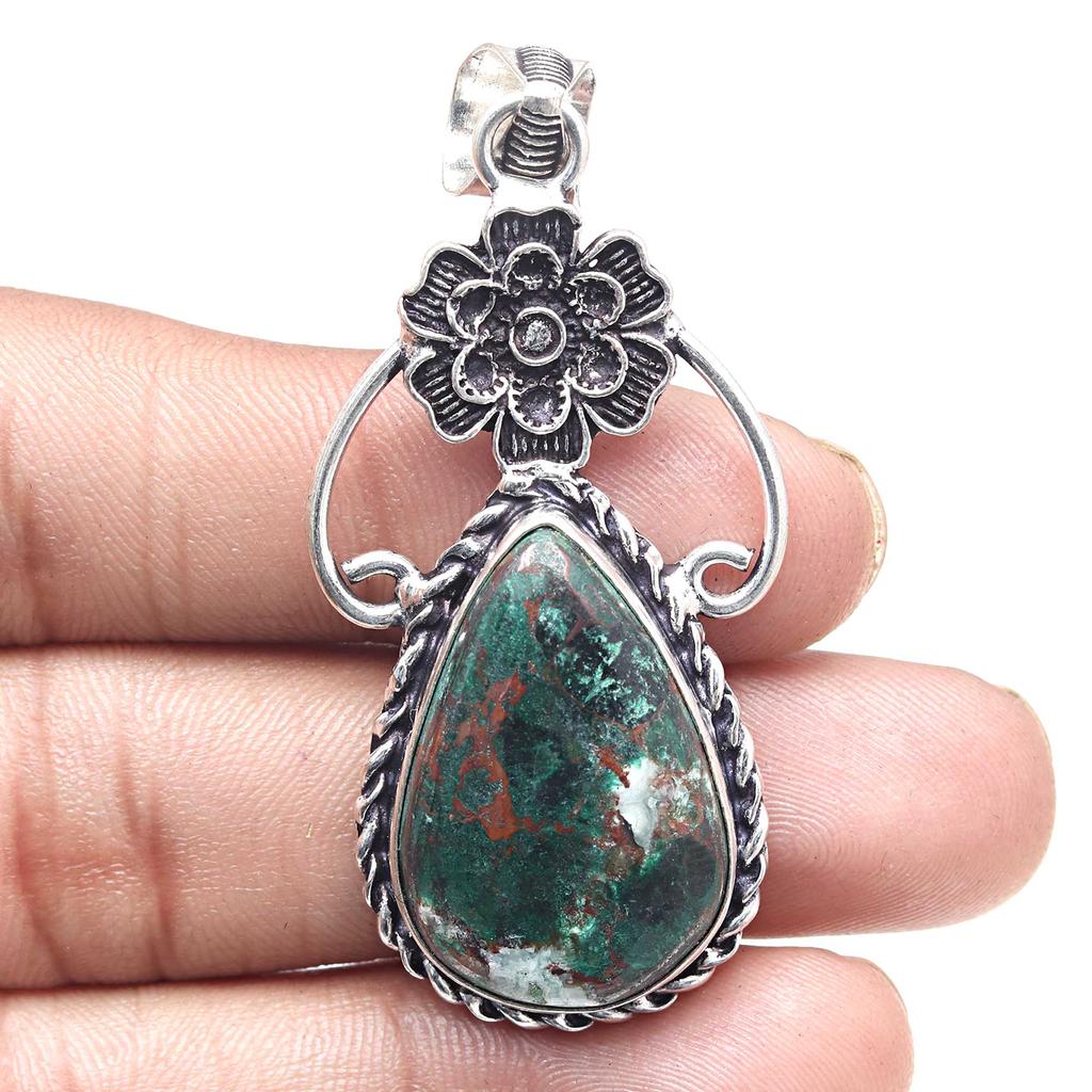 Подвеска из драгоценного камня хризоколла, подарок ручной работы для нее, серебряное украшение 2,5 дюйма