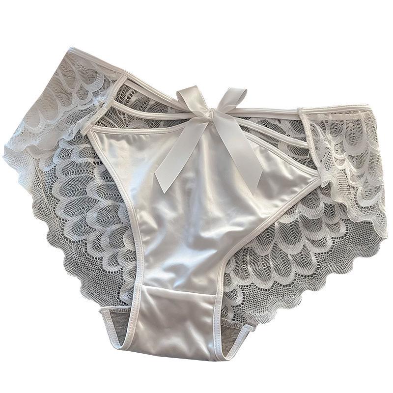 French Satin Lace Mid-Waist Sexy Bow Panties - Breathable Polylactic Acid