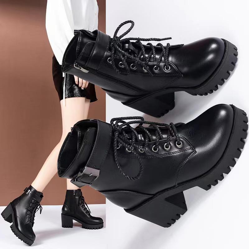 Large Size 24 Autumn New Lace-up Round Head Buckle with Thick-soled Short Tube Women's British Style Fashion Trend Martin Boots