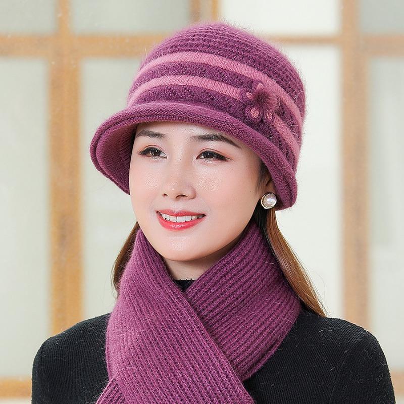 Шапка для пожилой матери среднего возраста с осенне-зимним темпераментом, модная простая шапка из меха кролика с толстым бархатным шарфом в комплекте