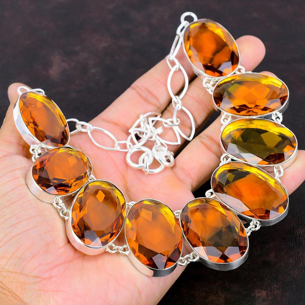 Ожерелье с граненым цитрином, ожерелье из драгоценных камней, ювелирные изделия ручной работы, ожерелье из стерлингового серебра 925 пробы, регулируемое ожерелье-цепочка, изящное ожерелье для подарка