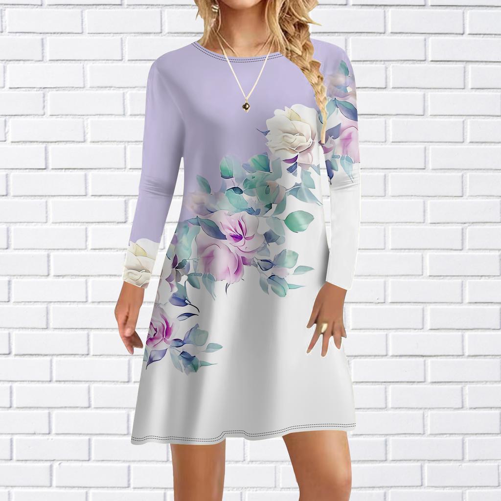Женское повседневное платье Осеннее твиловое платье с принтом розы для женщин с круглым вырезом и коротким рукавом Платье больших размеров