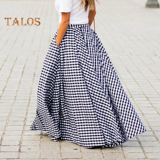 Женская юбка-макси с эластичной высокой талией и клетчатым принтом, юбка-трапеция с карманами, большой подол, ретро-юбка, уличная одежда