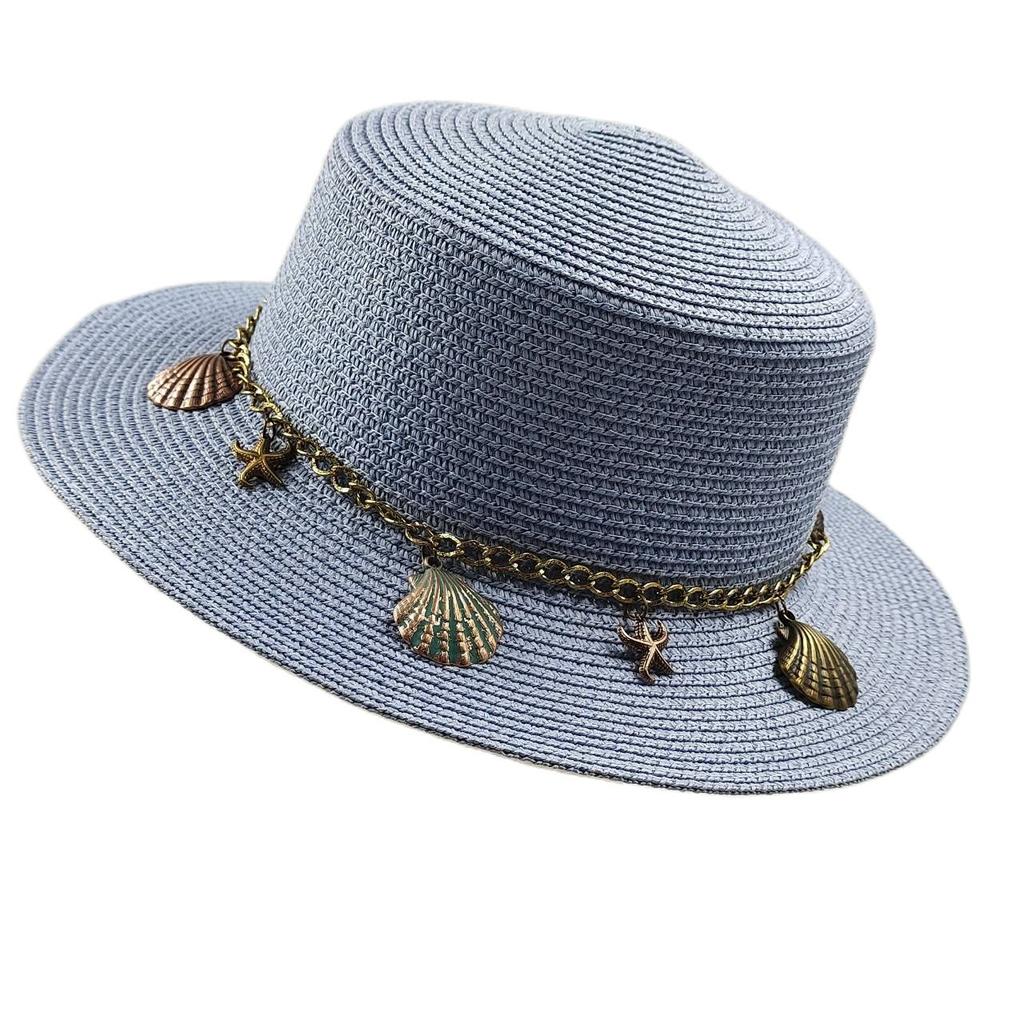 Flat Top Straw Hat Belt Accessories Leisure Summer Sunscreen Hat Women's Fashionable Beach Boater Hat Gifts 2023