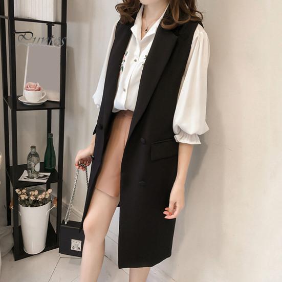 Осень-весна женский жилет с отложным воротником двубортный свободный без рукавов до колена карманы кардиган сплошной цвет повседневная одежда жилет пальто