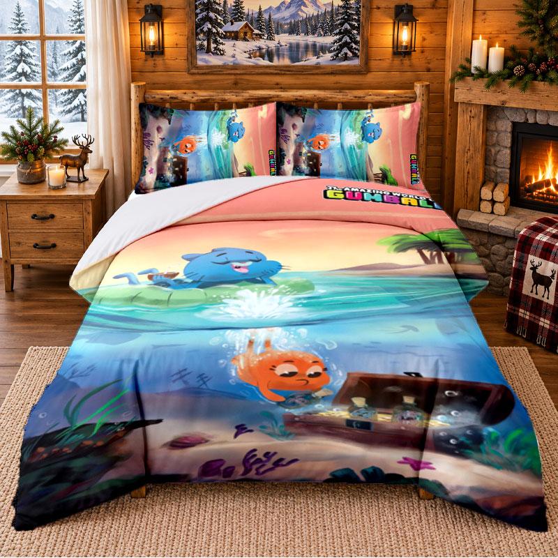 Amazing World of Gumball Pattern Bedding 3Pcs Set Bed Sheet And Pillowcases For Indoor Bedroom