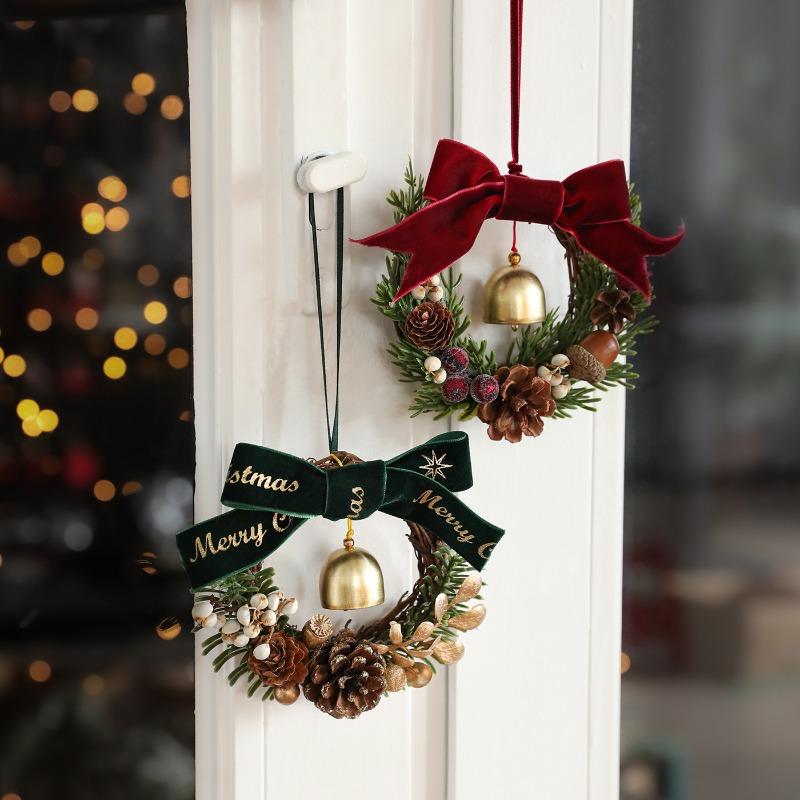 New Christmas bow bell garland door hanging Christmas tree pine cone rattan pendant wall decoration spot