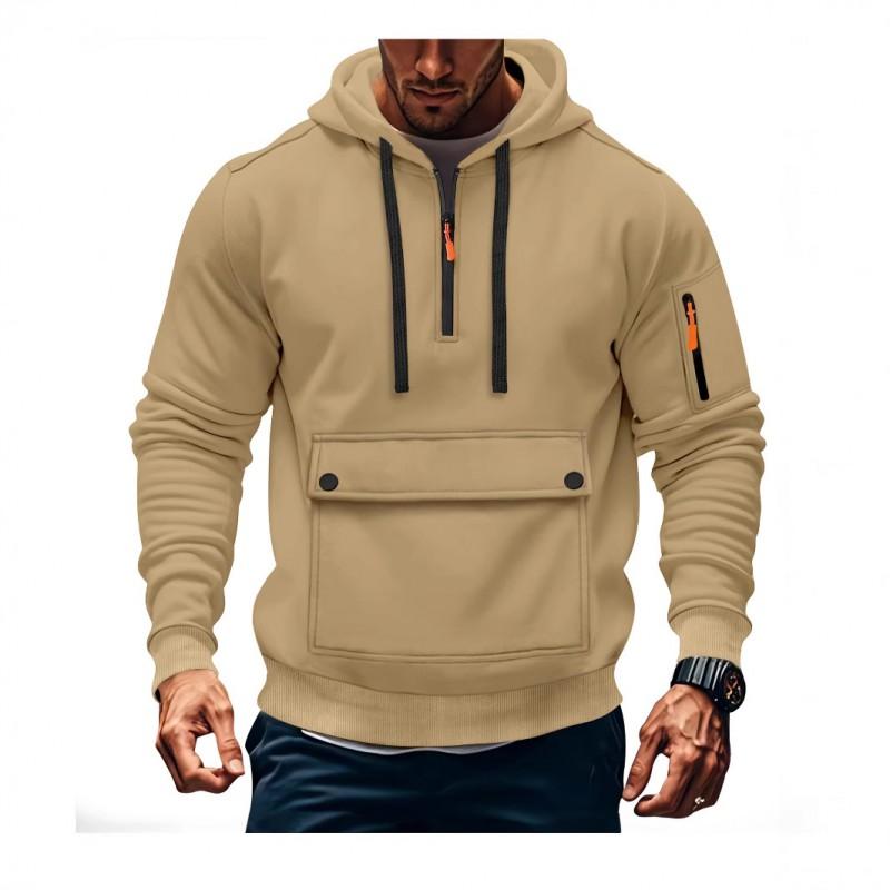 Mens Hooded Pullover Sweatshirt With Zippered Sleeve Pocket Loose Fit Casual Top