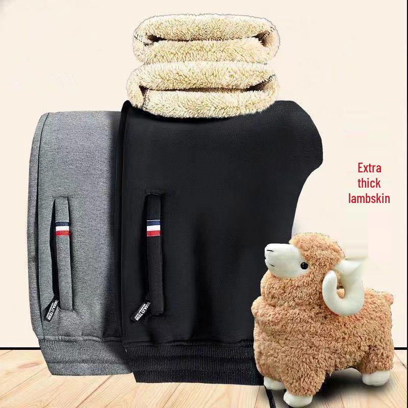 Мужские зимние флисовые брюки из овчины: Очень толстые, теплые, свободные прямые брюки на молнии для молодых, среднего возраста и пожилых.