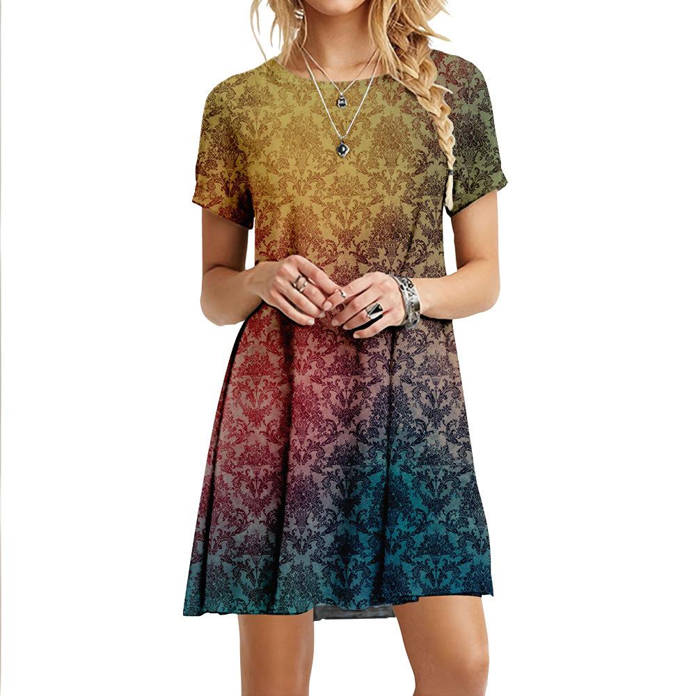 2025 Новое летнее женское винтажное платье с 3D-принтом, модное женское платье большого размера с коротким рукавом, повседневное свободное платье с круглым вырезом, Vestidos