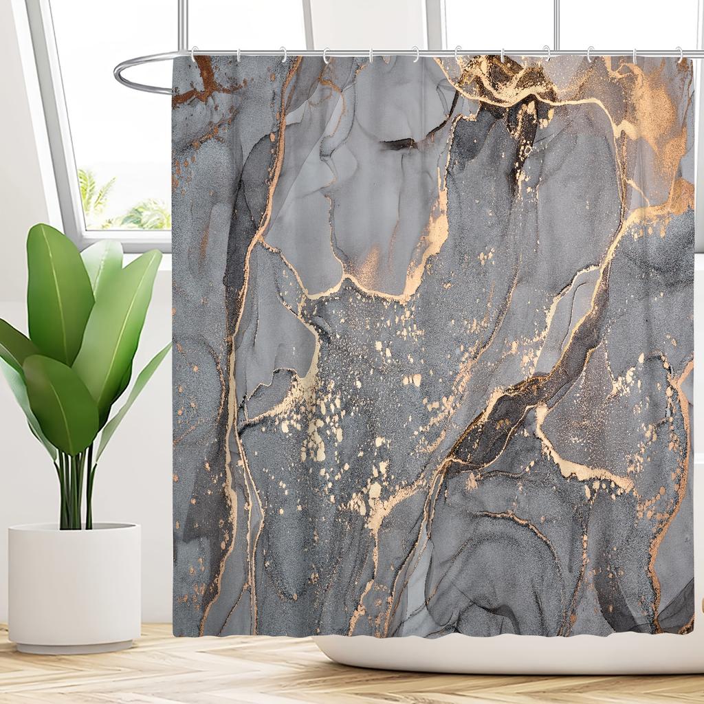 4 шт. серая занавеска для душа с мраморным узором и 12 крючками, водонепроницаемая занавеска из полиэстера для ванной комнаты, набор ковриков для ванной комнаты