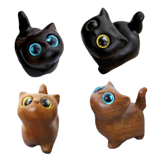 Mini Cat Figurine Hand-carved Wooden Cat Statue Collectible Polished Miniature Cat Ornament for Home Desk Bookshelf Decoration