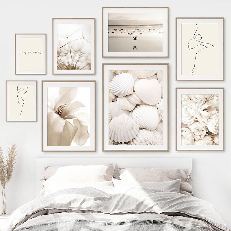 Пляжная ракушка, цветы, постер, пейзаж, настенная живопись на холсте, женская линия, скандинавский принт, современная картина, украшение для гостиной, дома