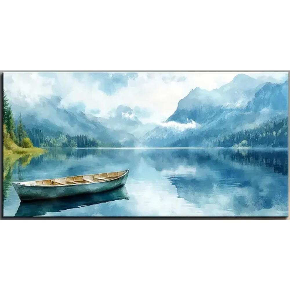 1,5" Толстый Холст Без Рамы Настенное Искусство - Безмятежное Озеро Горы Небо Пейзаж с Лодкой Живопись, Современный Декоративный Вдохновленный Природой